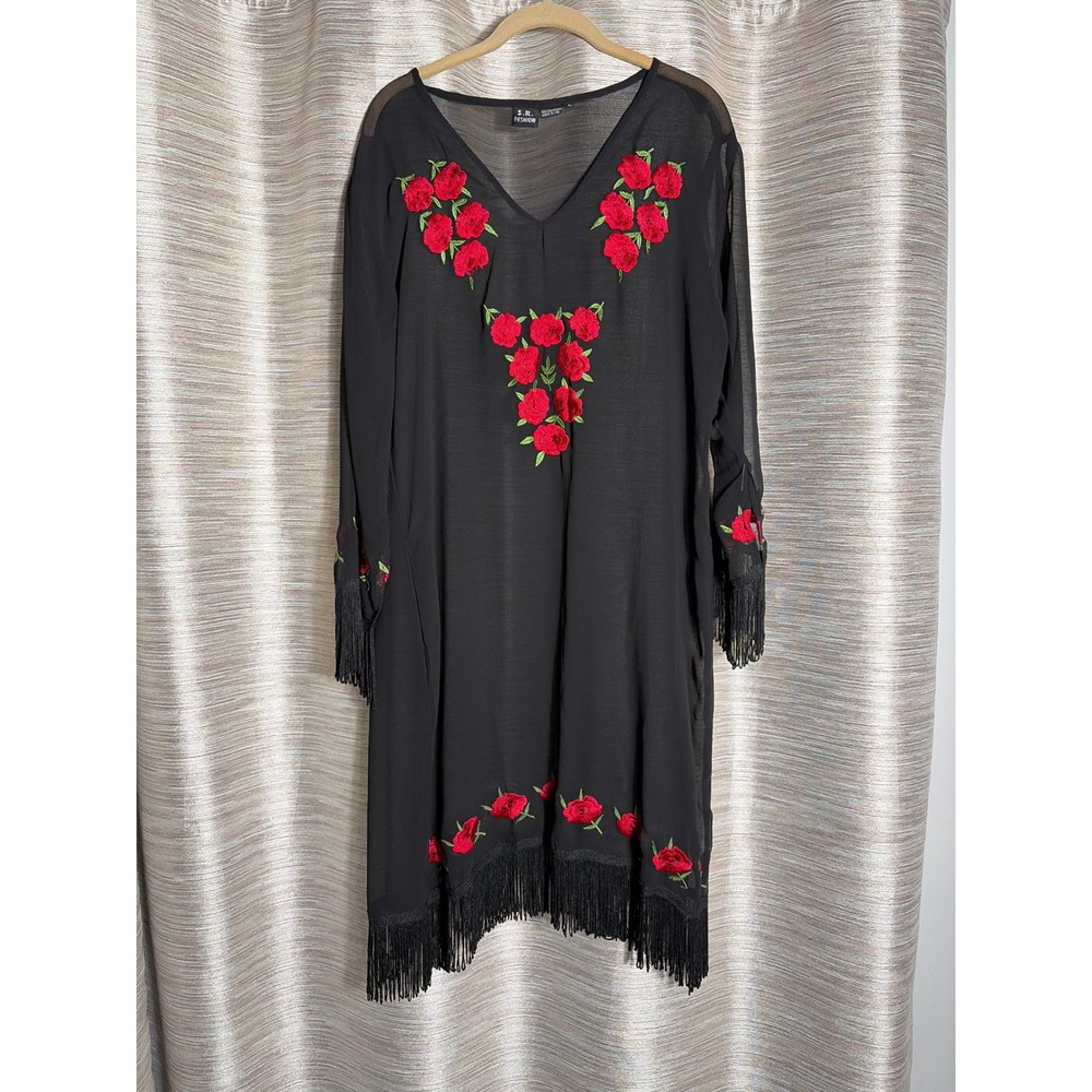 SR Fashion Women 2 piece Black Rose Embroidered Fringe Tunic Dress Large Boho